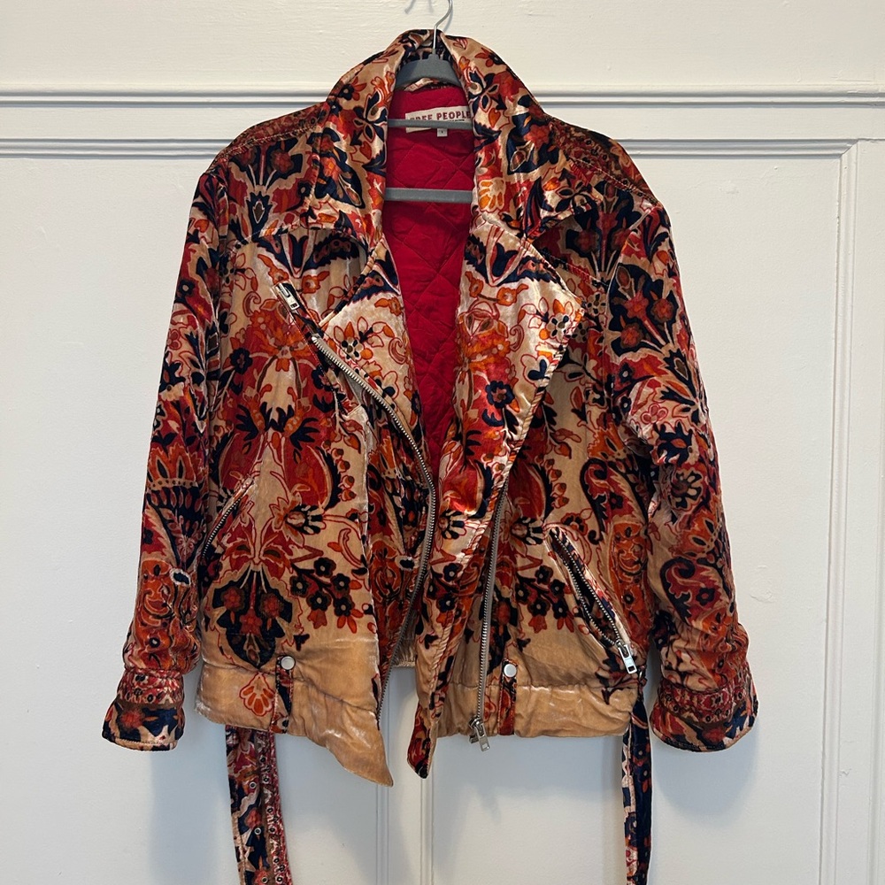 Free People Red and Orange Leather Jacket Vibrant Floral Design